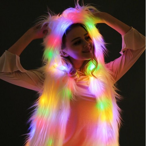 LED Lights Hooded Faux Fur Vest Anime drama cosplay Coat Jacket Halloween Christmas Party jazz dance Stage performance vests